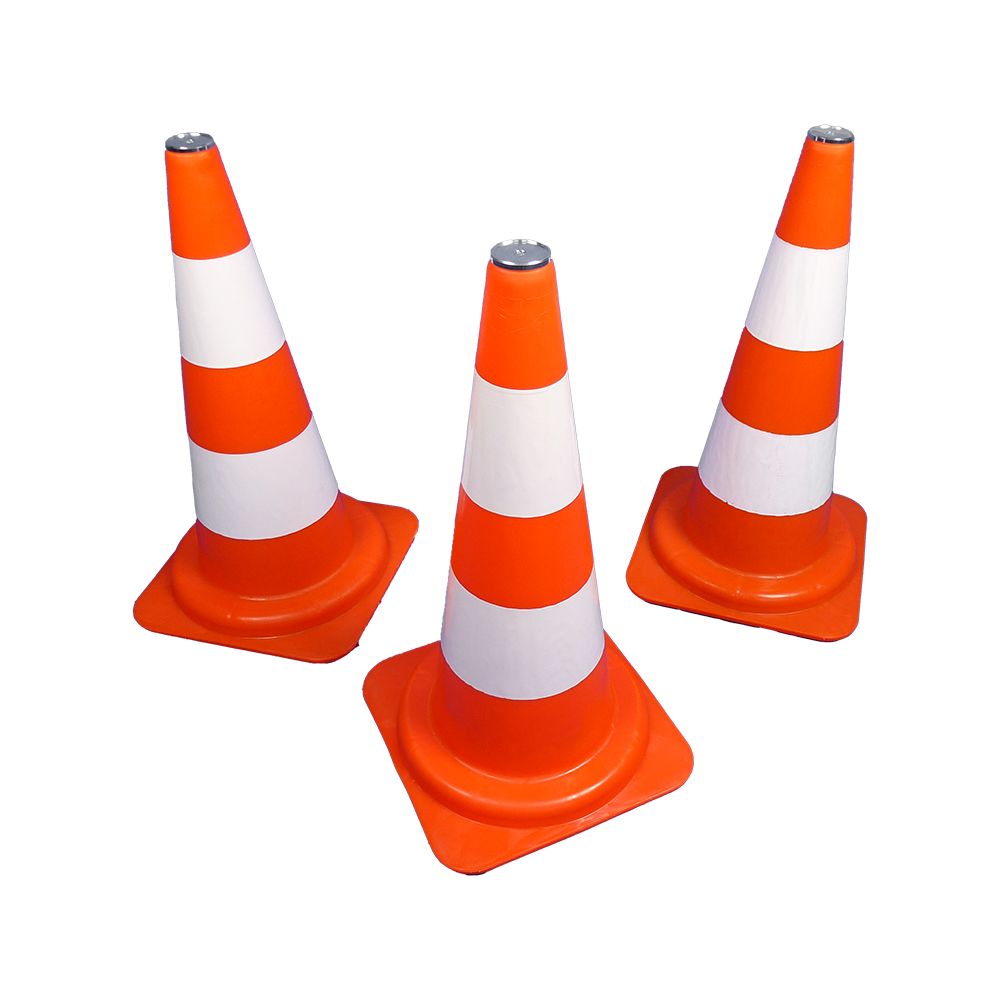 Three orange and white traffic cones on a white background