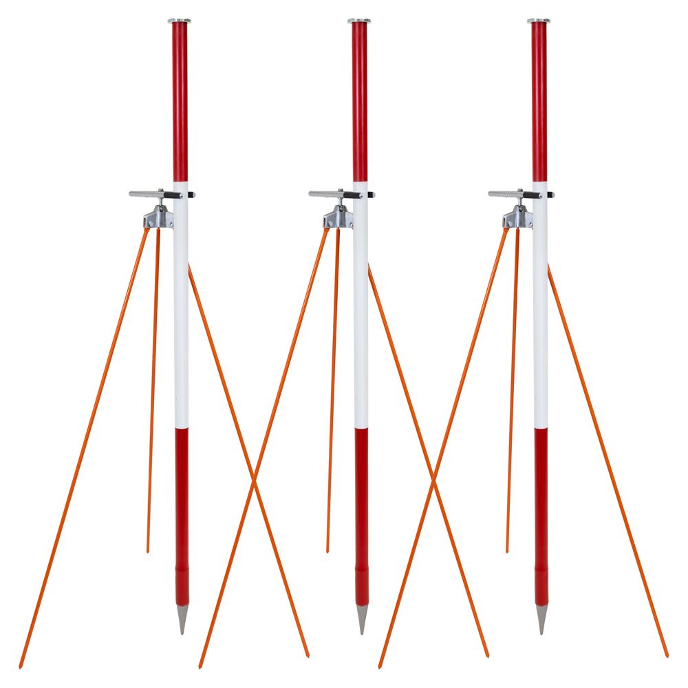Three tripods with red and white handles on a white background