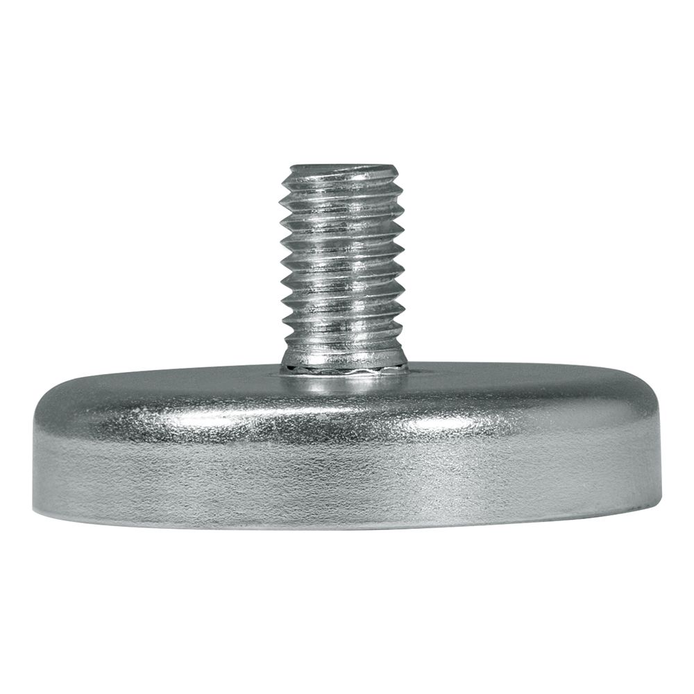 A close up of a metal object with a screw in it on a white background.