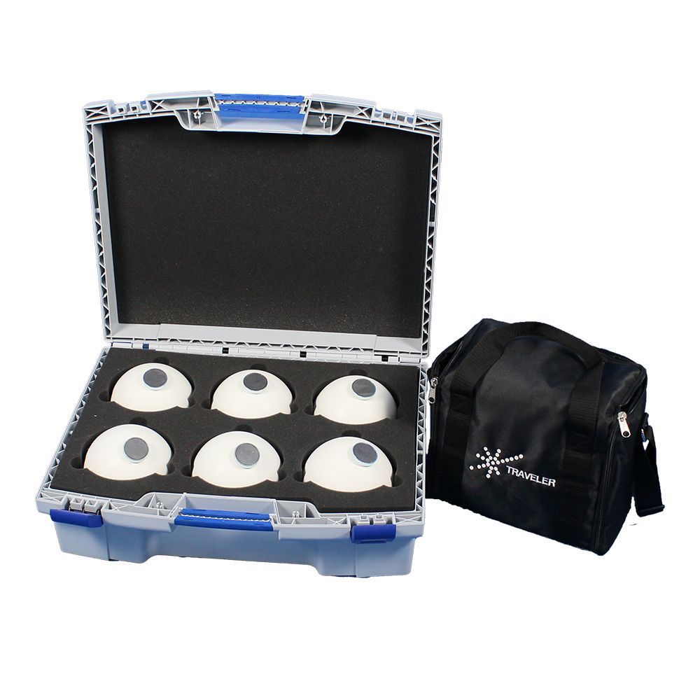 A blue case filled with white balls and a black bag