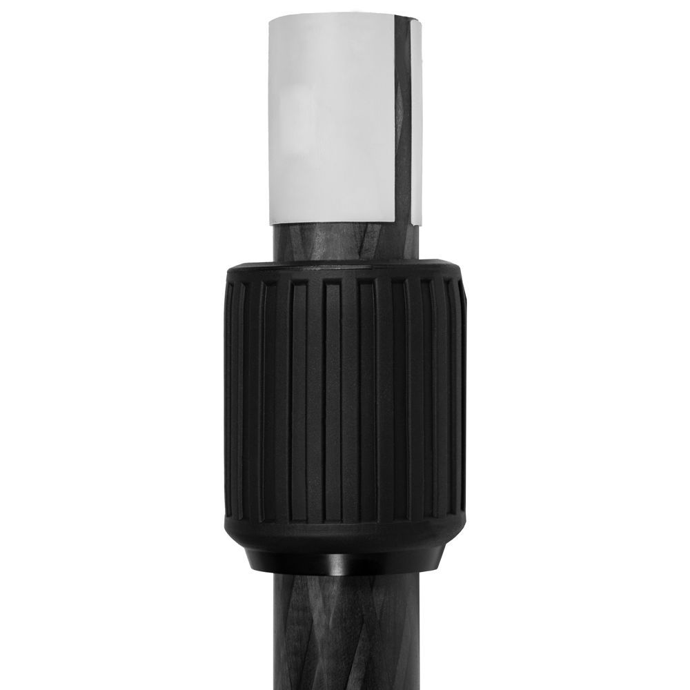 A close up of a black pole with a metal connector attached to it.