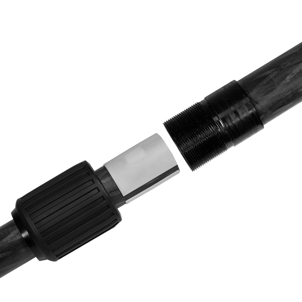 A close up of a black pole with a metal connector attached to it.