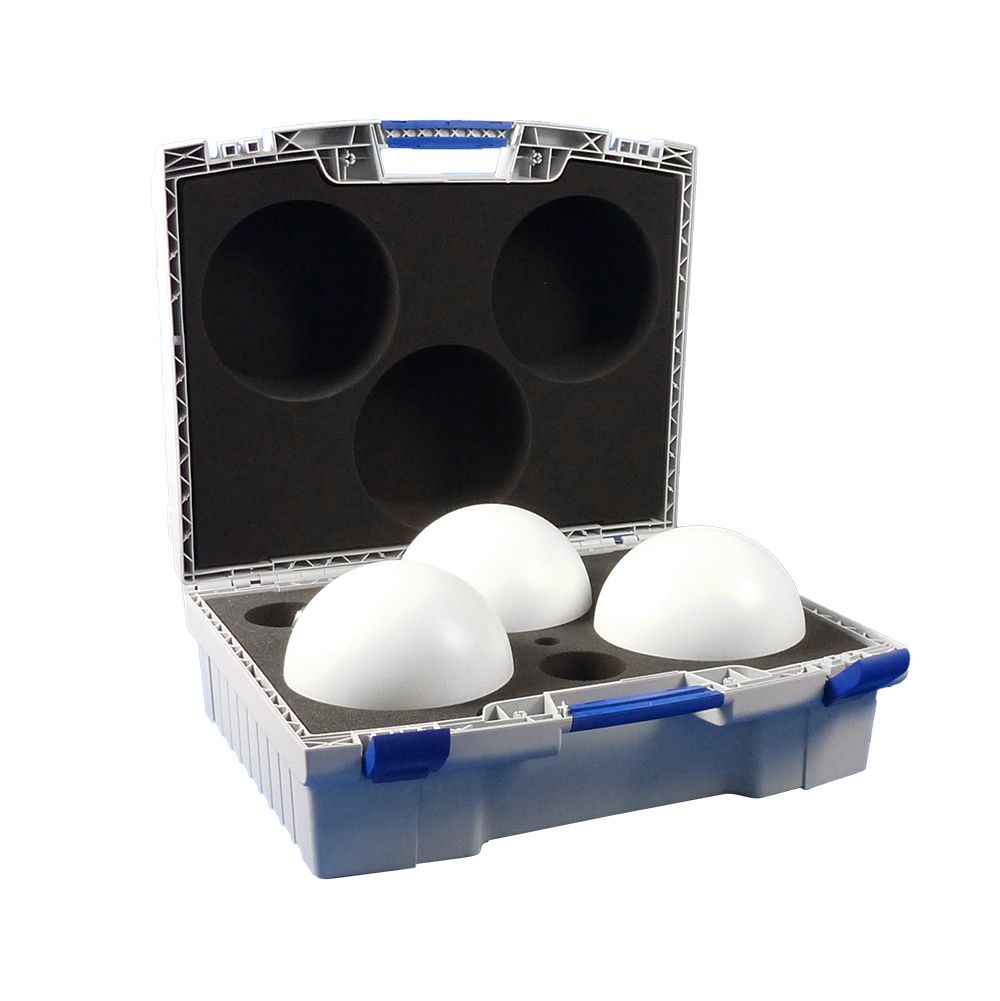 A case with four white spheres inside of it