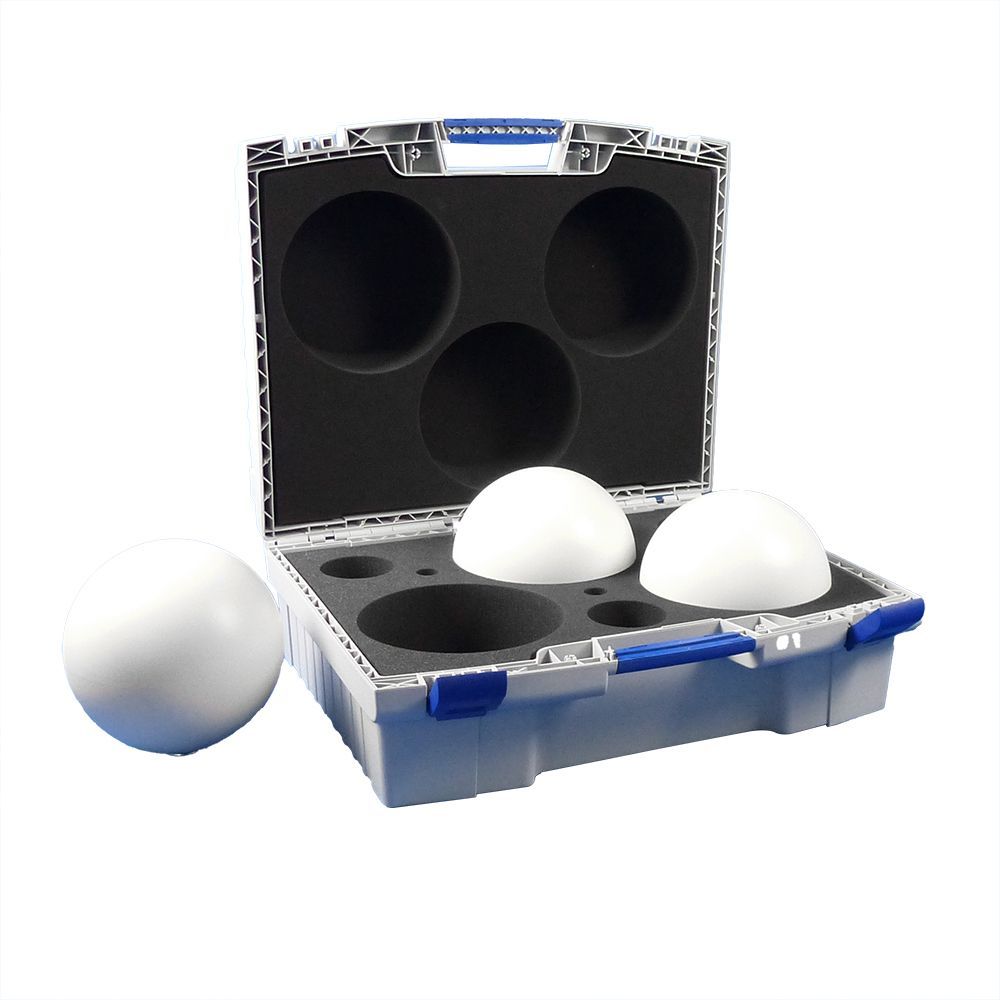 A case with four white spheres inside of it