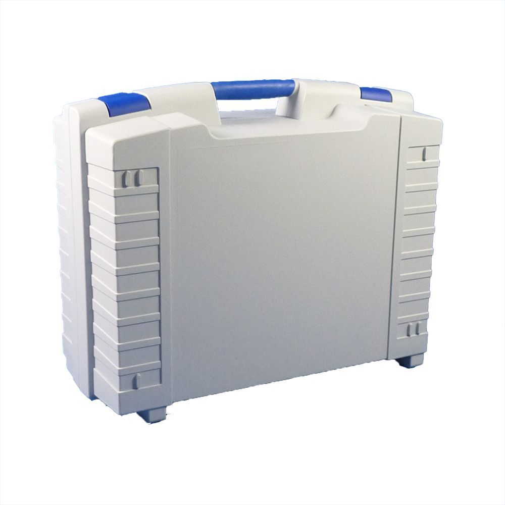 A white briefcase with a blue handle on a white background