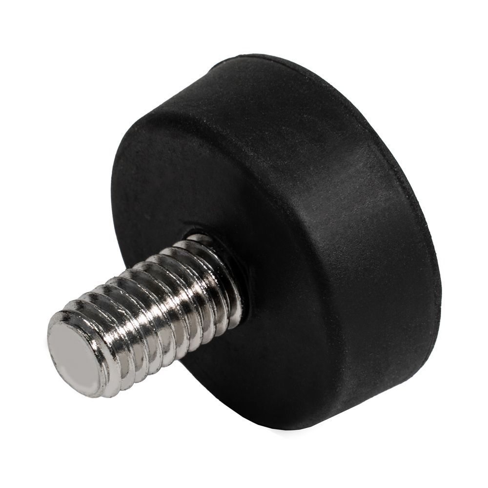 A close up of a black pole with a rubber stopper and a screw.