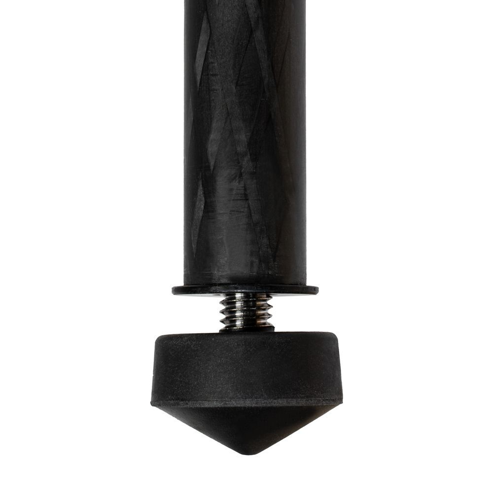 A close up of a black pole with a rubber stopper and a screw.