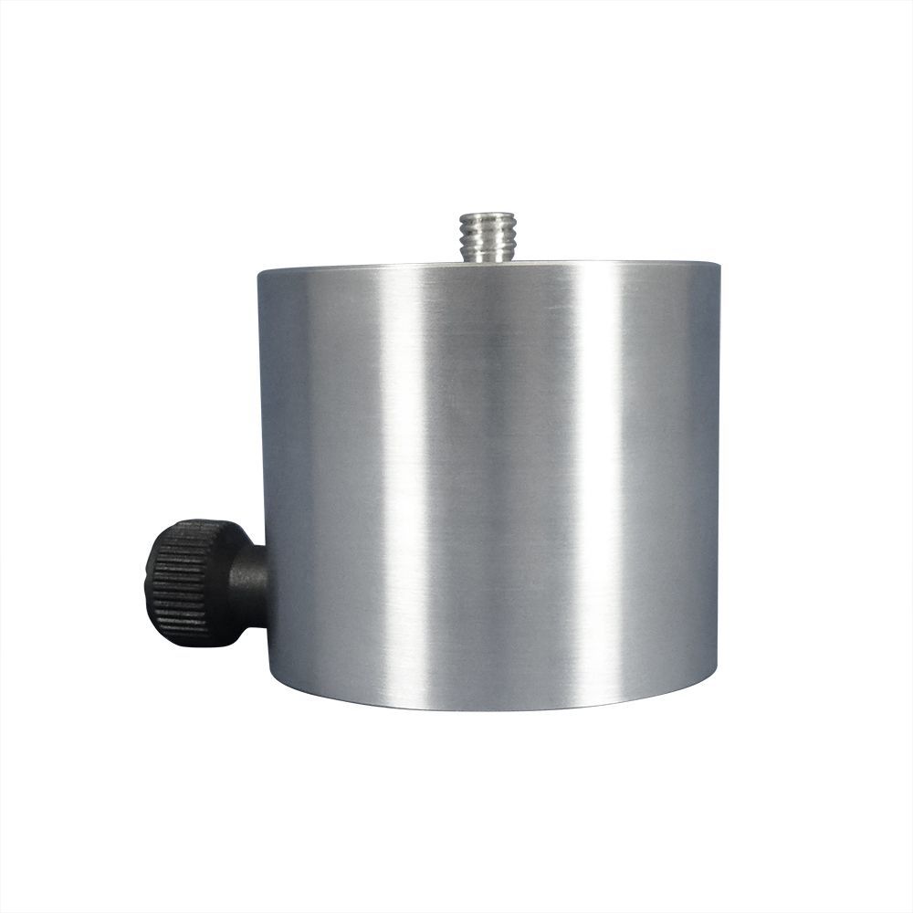A stainless steel cylinder with a black knob on the side