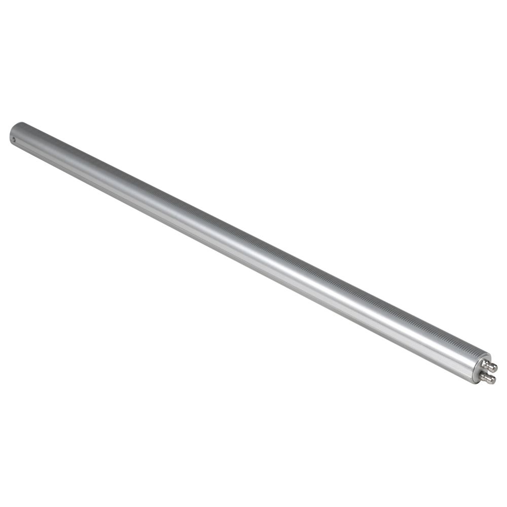 A long metal rod with a hole in the middle on a white background.