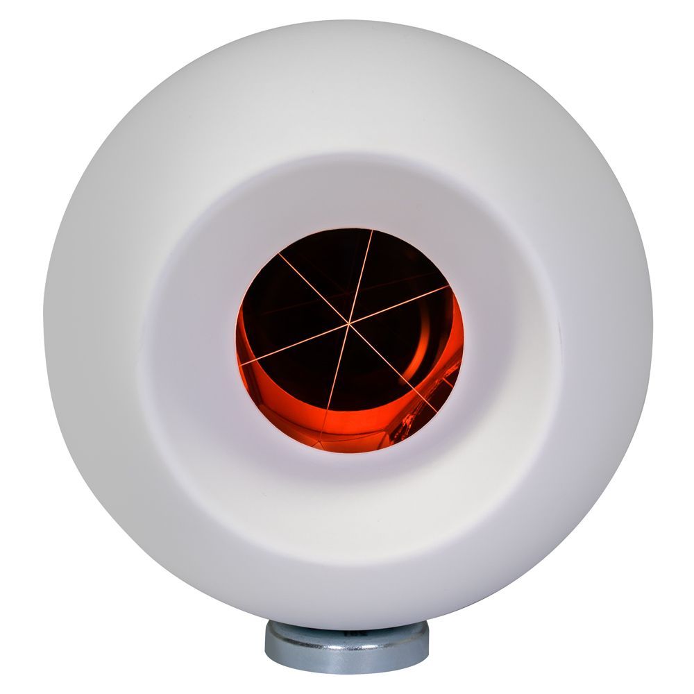 A white object with a red center is on a red pole