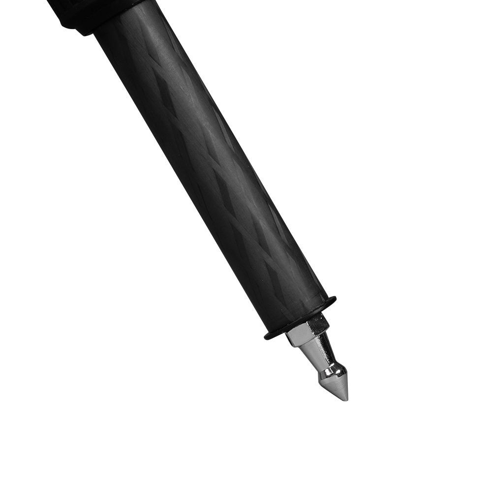 A close up of a black pen with a metal tip on a white background.