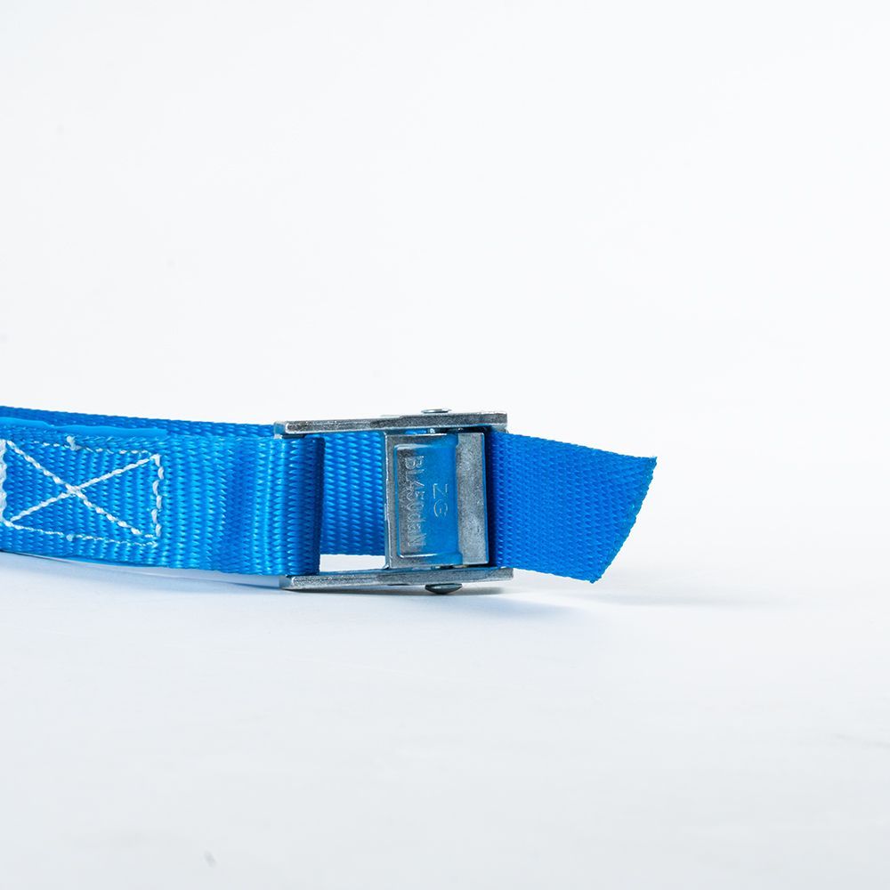 A blue belt with a metal buckle on a white background