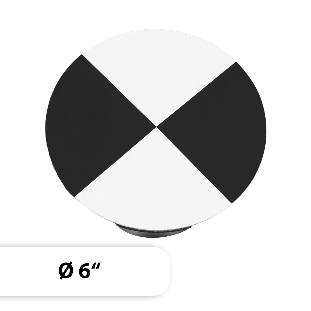 A black and white circle with the diameter of 6 inches
