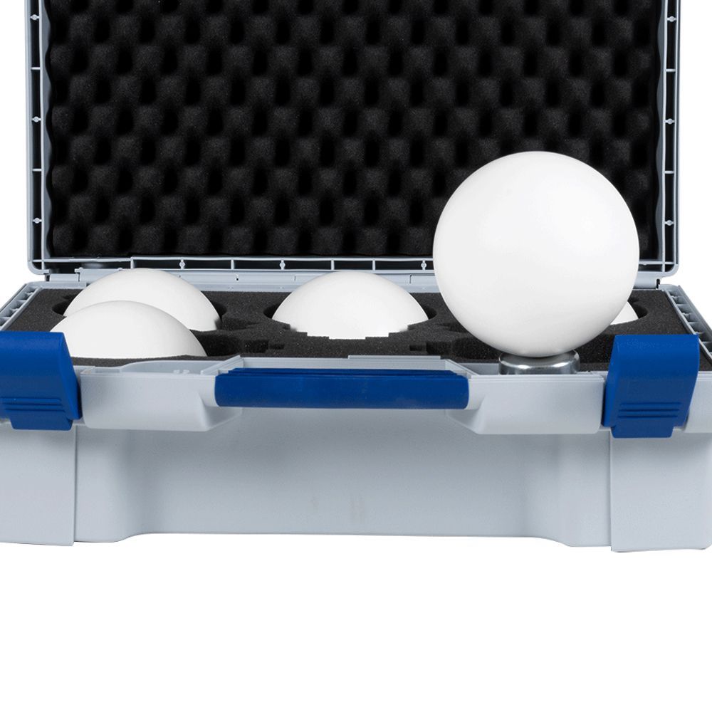 A white ball on a silver base on a white background.