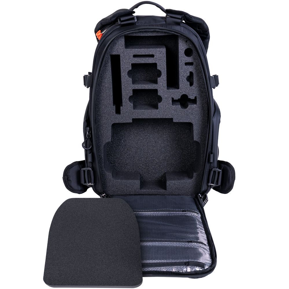 A black backpack with a foam container inside of it