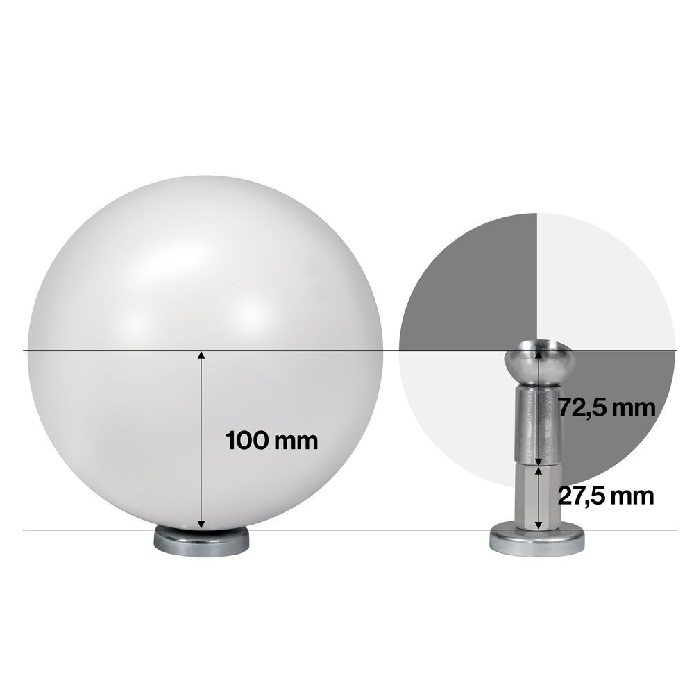 A white ball with measurements of 100 mm and 72.5 mm