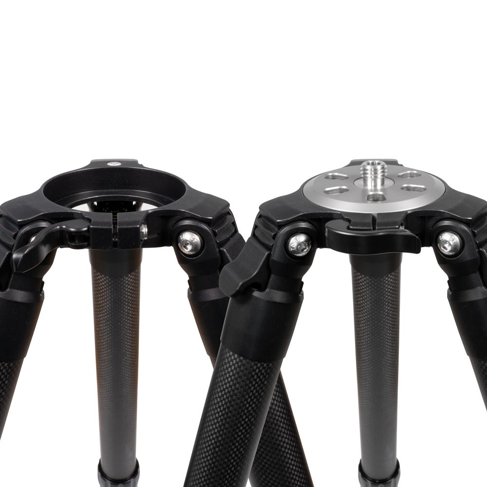 A close up of two tripods on a white background