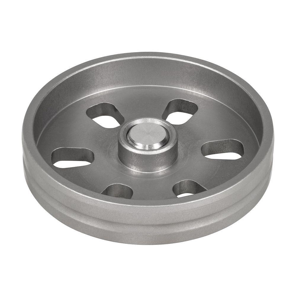 A metal wheel with holes in it on a white background