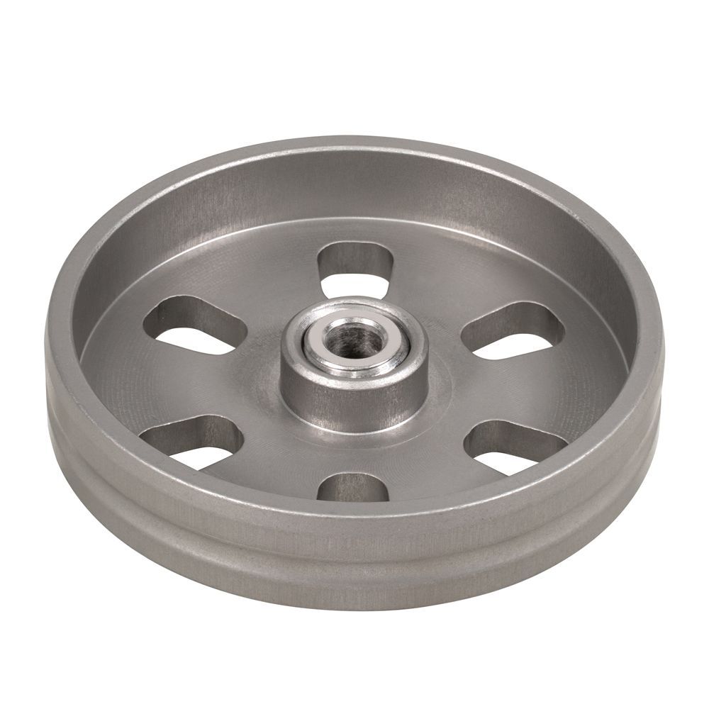 A metal wheel with holes in it and a bearing in the middle