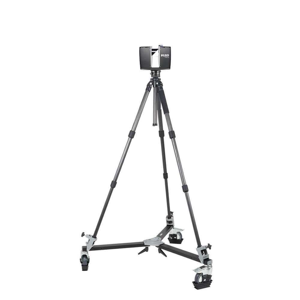 A tripod with wheels and a camera on it on a white background.
