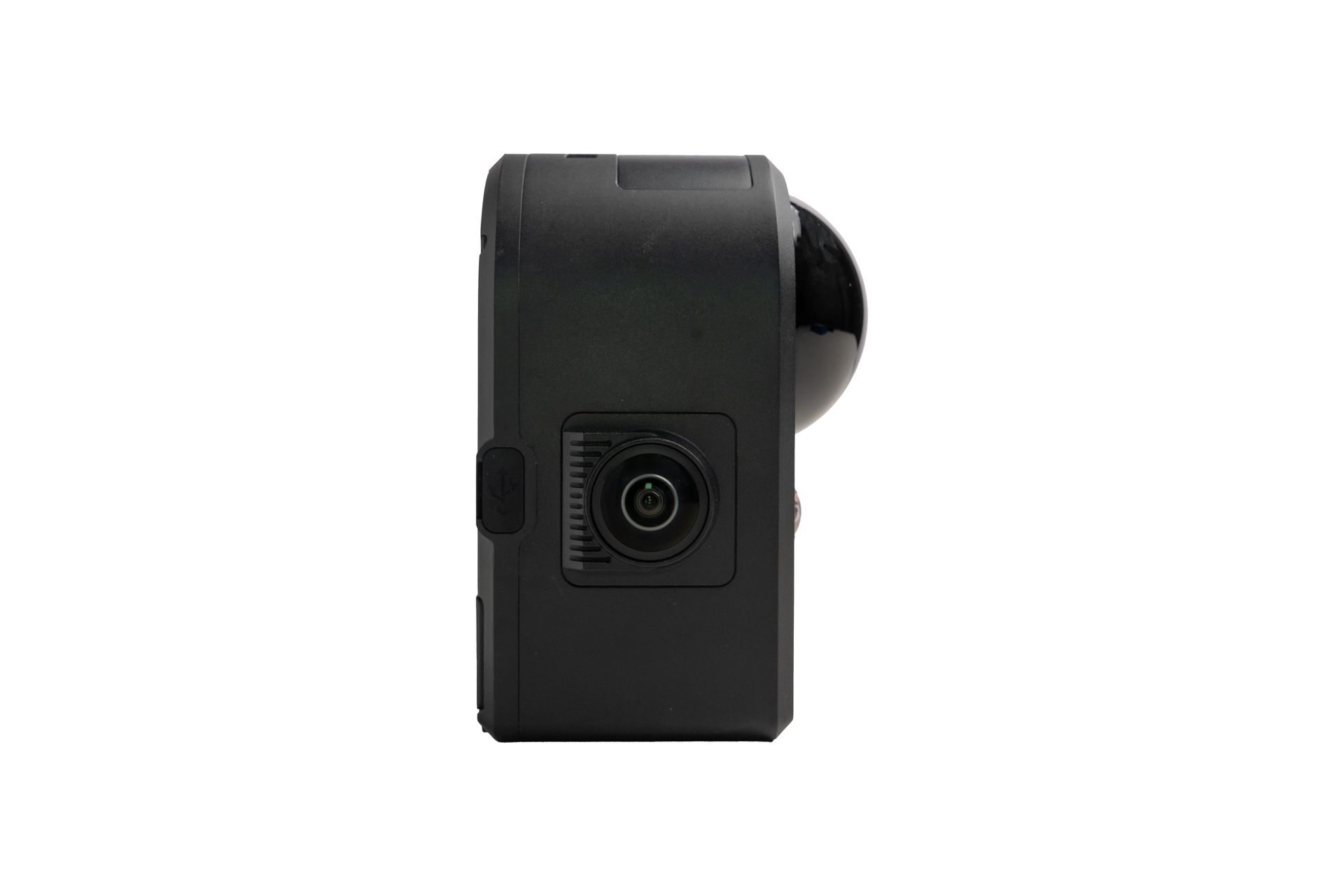Side view of a black 360-degree camera with a rounded lens.