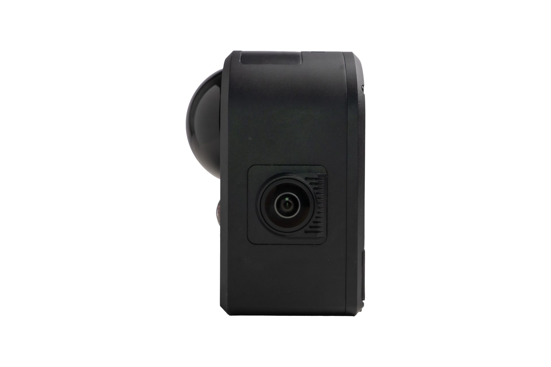 Side view of a black 360-degree camera with a rounded lens.