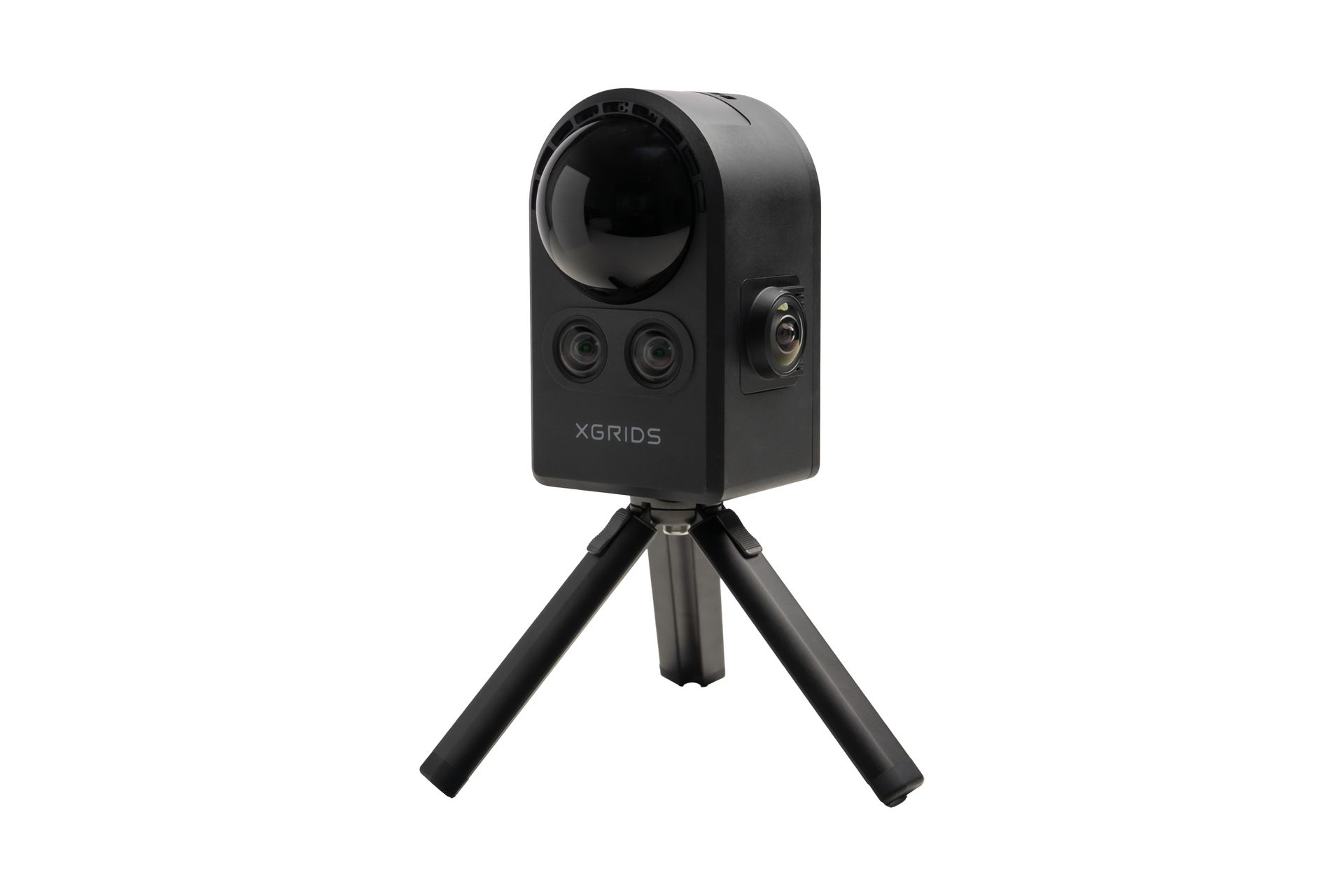 A black 360-degree camera on a small tripod, designed for capturing immersive content.