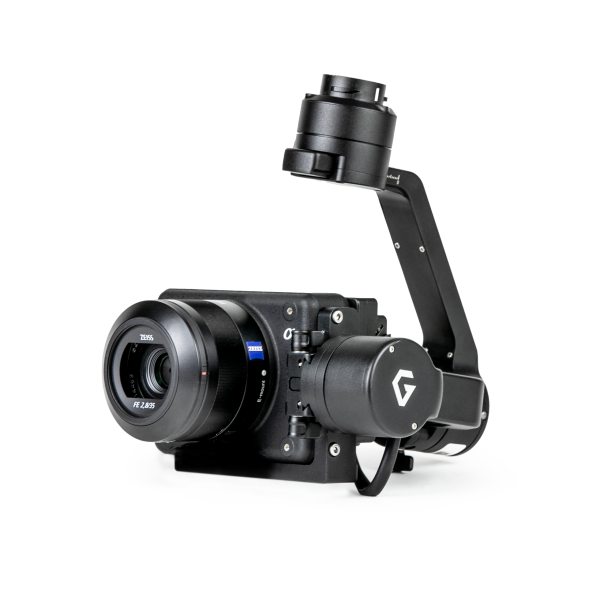 A camera with a g on it is on a white background.