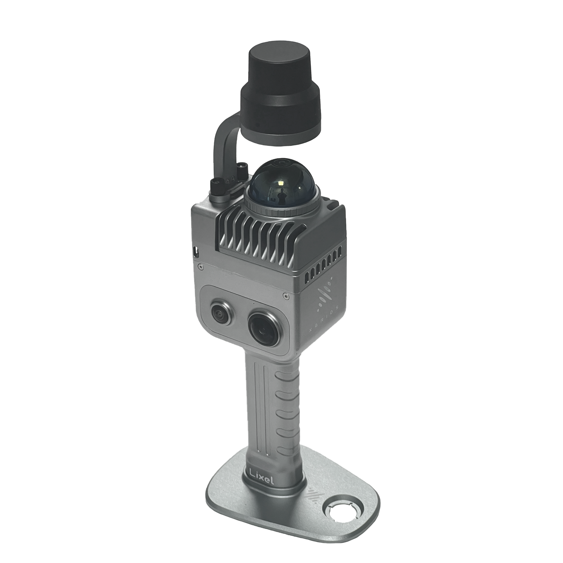 A metal object with a light attached to it on a white background.