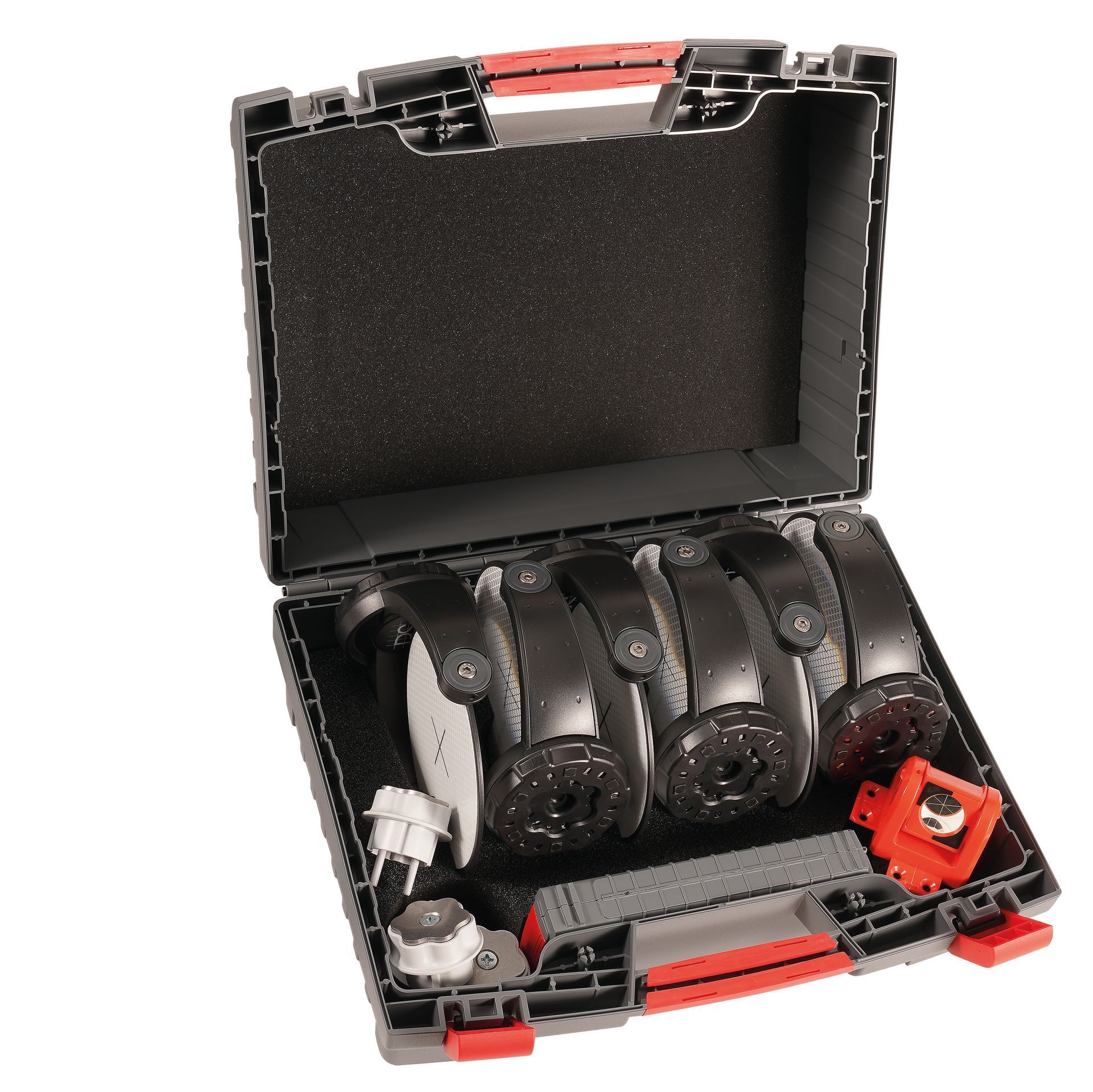 A black and red case with a bunch of tools in it