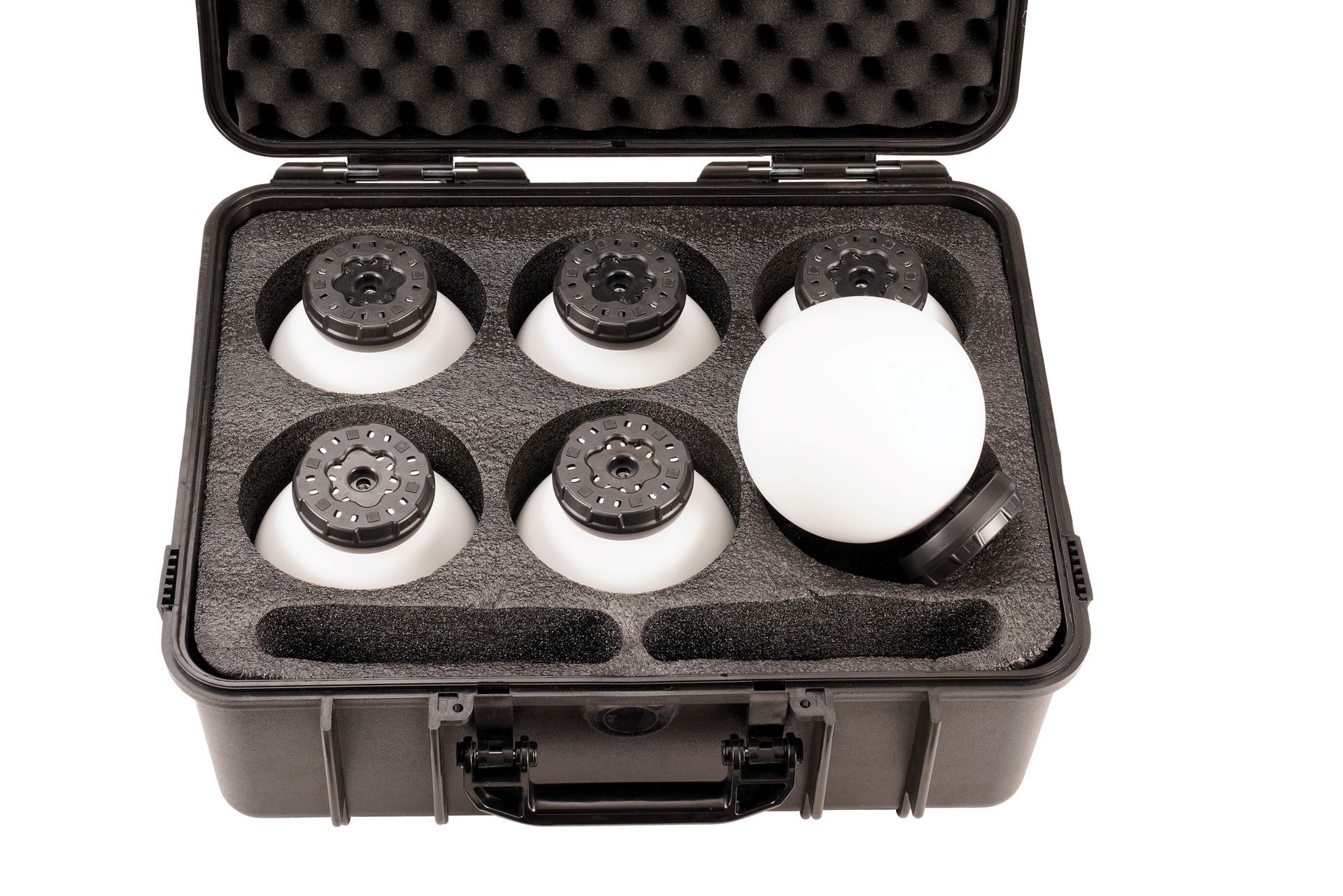 A black case with a white ball inside of it