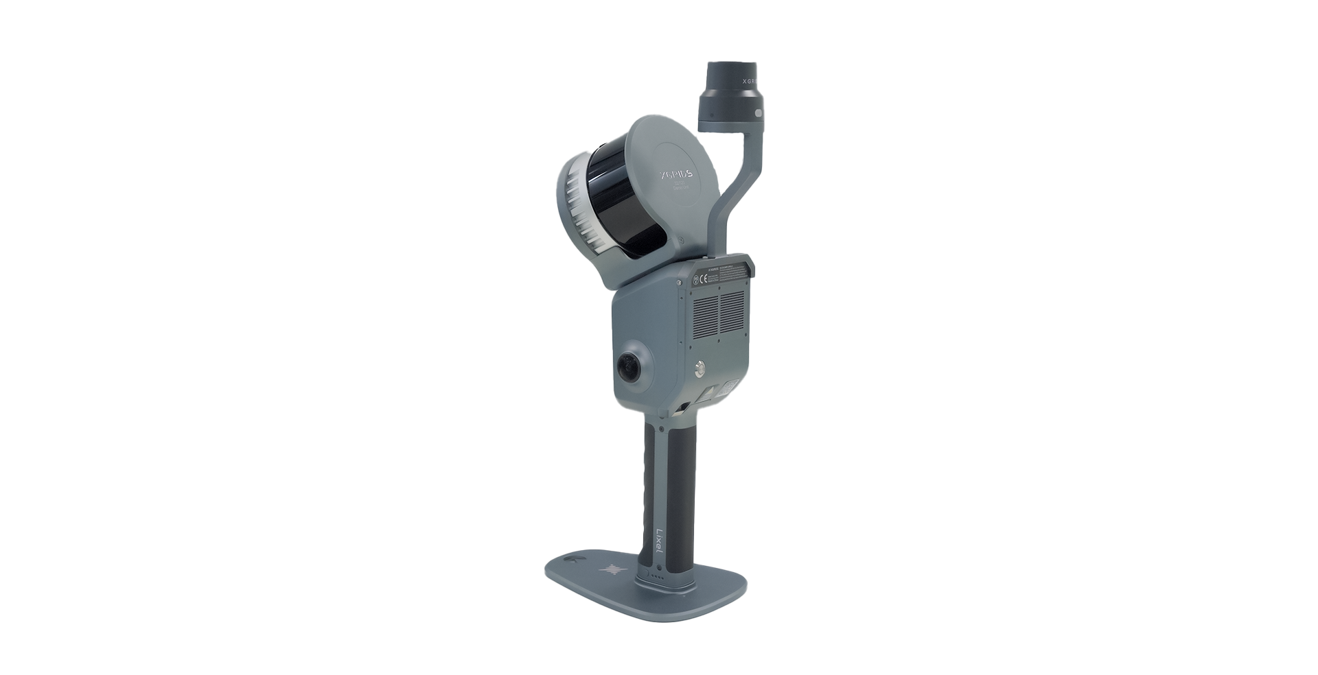 A microphone is sitting on a stand on a white background.