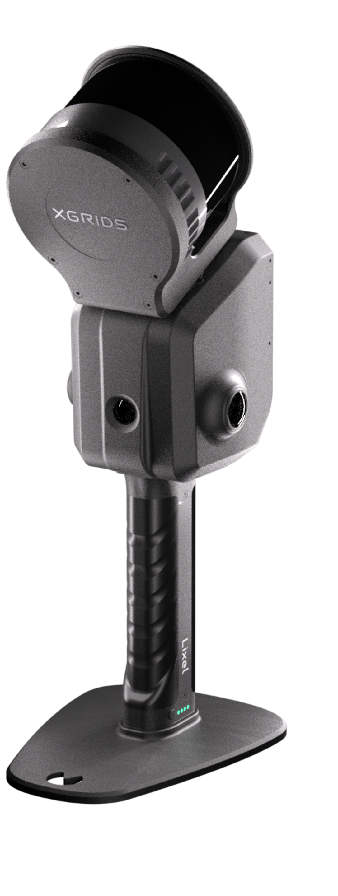 A microphone is sitting on a stand on a white background