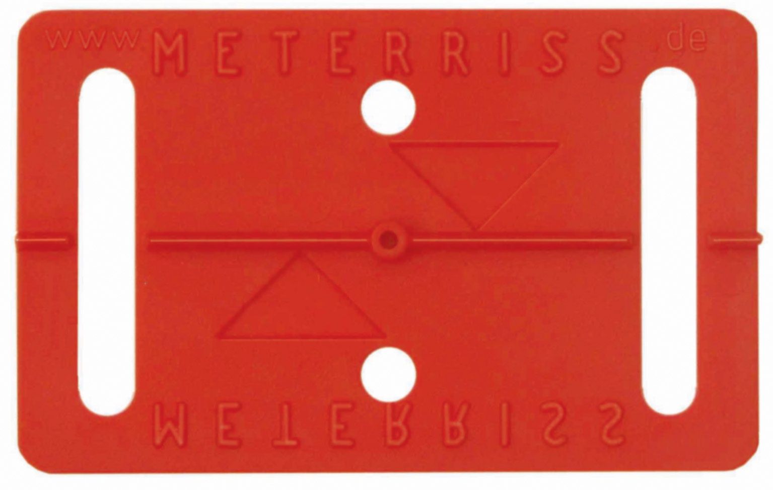 A red meterriss label with two holes in it