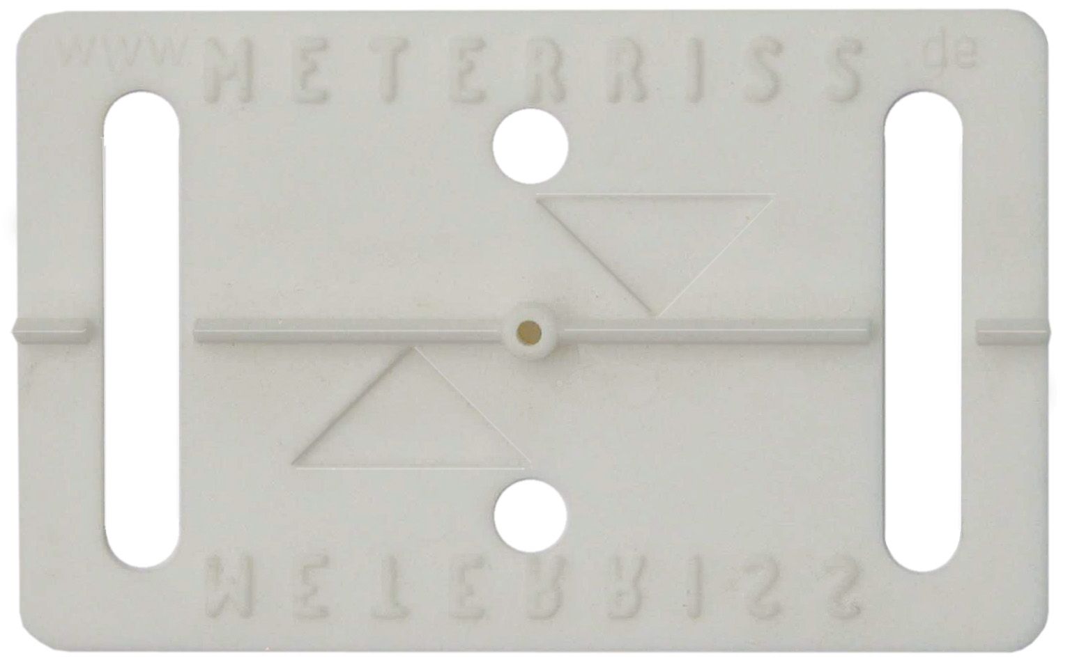 A red meterriss label with two holes in it