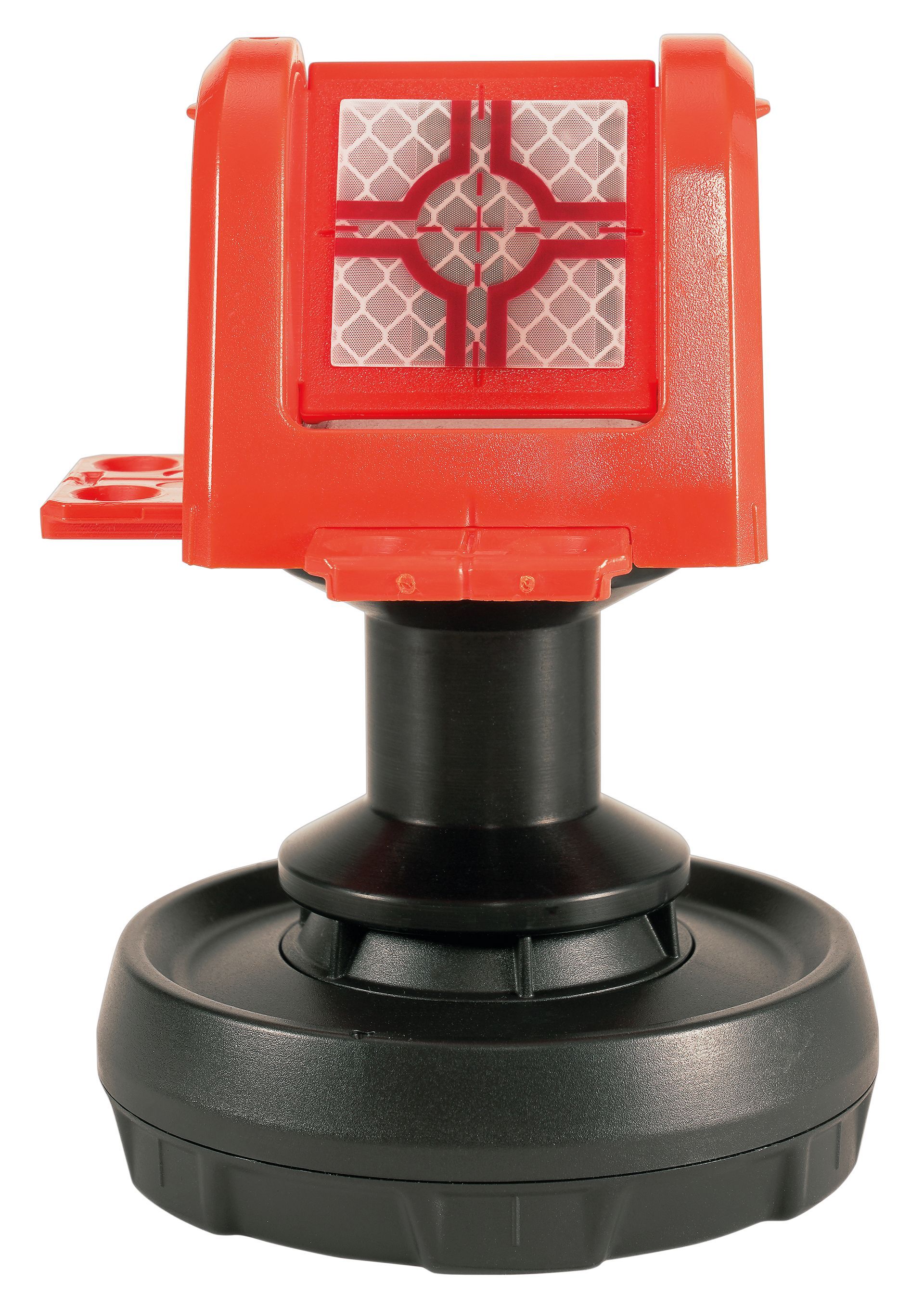 A red and black object with a black base on a white background
