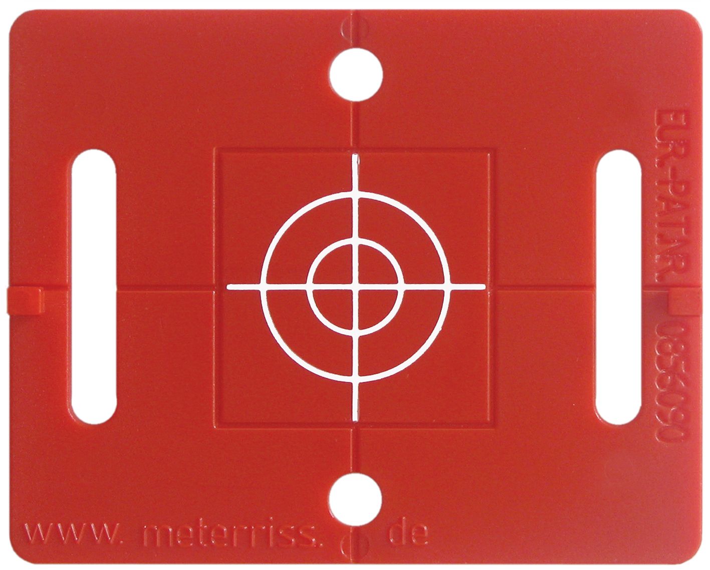 A red piece of plastic with a white target on it