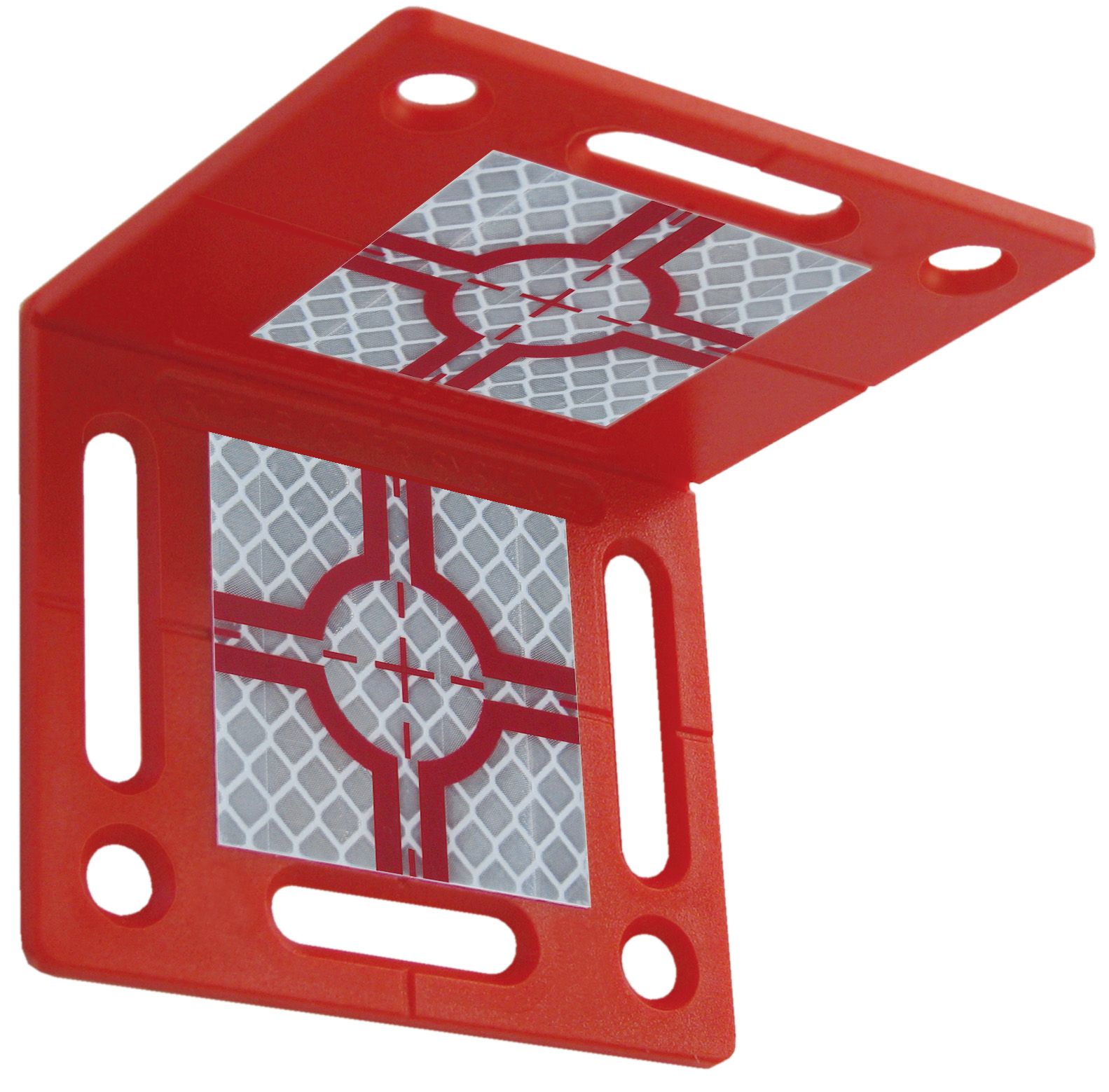 A red corner bracket with a reflective square on it
