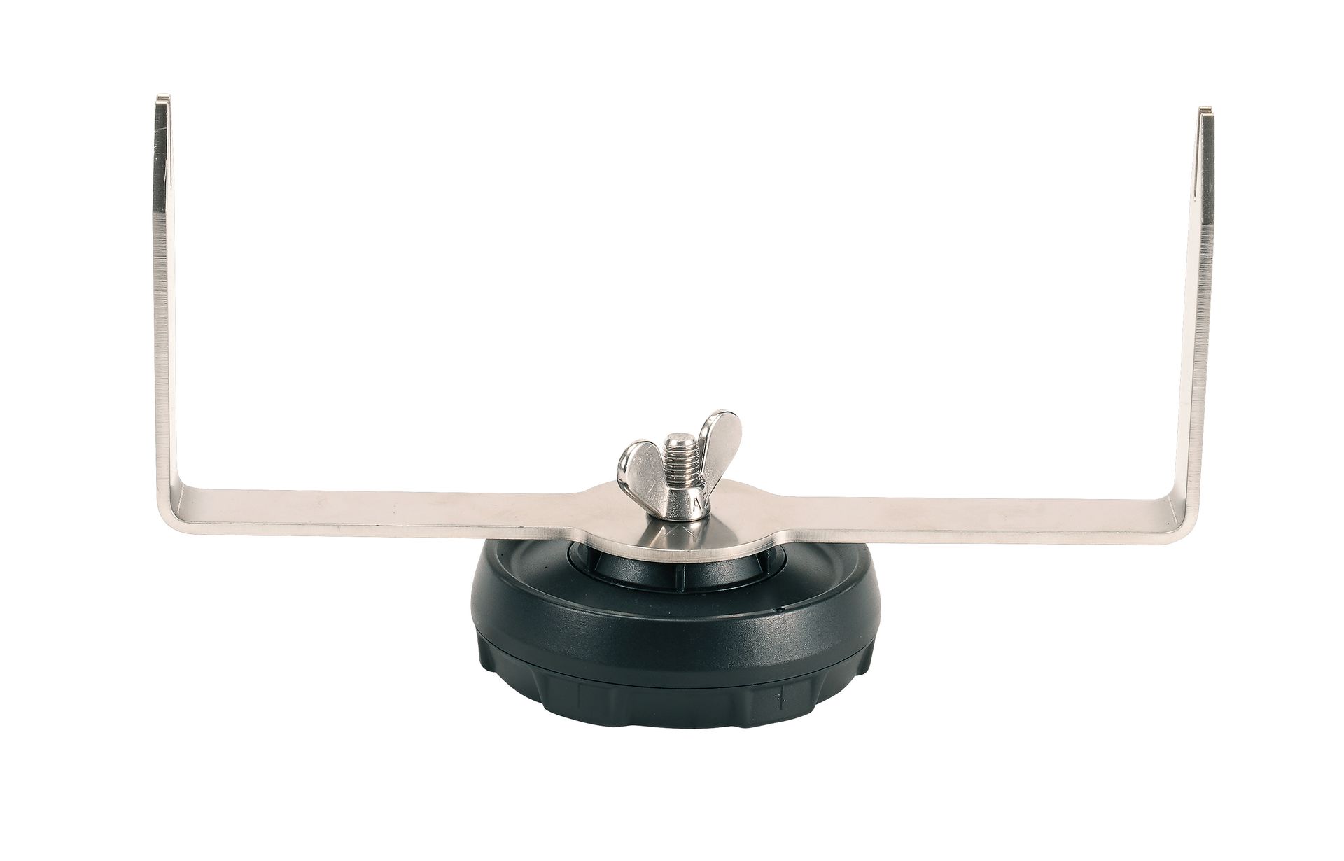 A close up of a metal object with a rubber base on a white background.