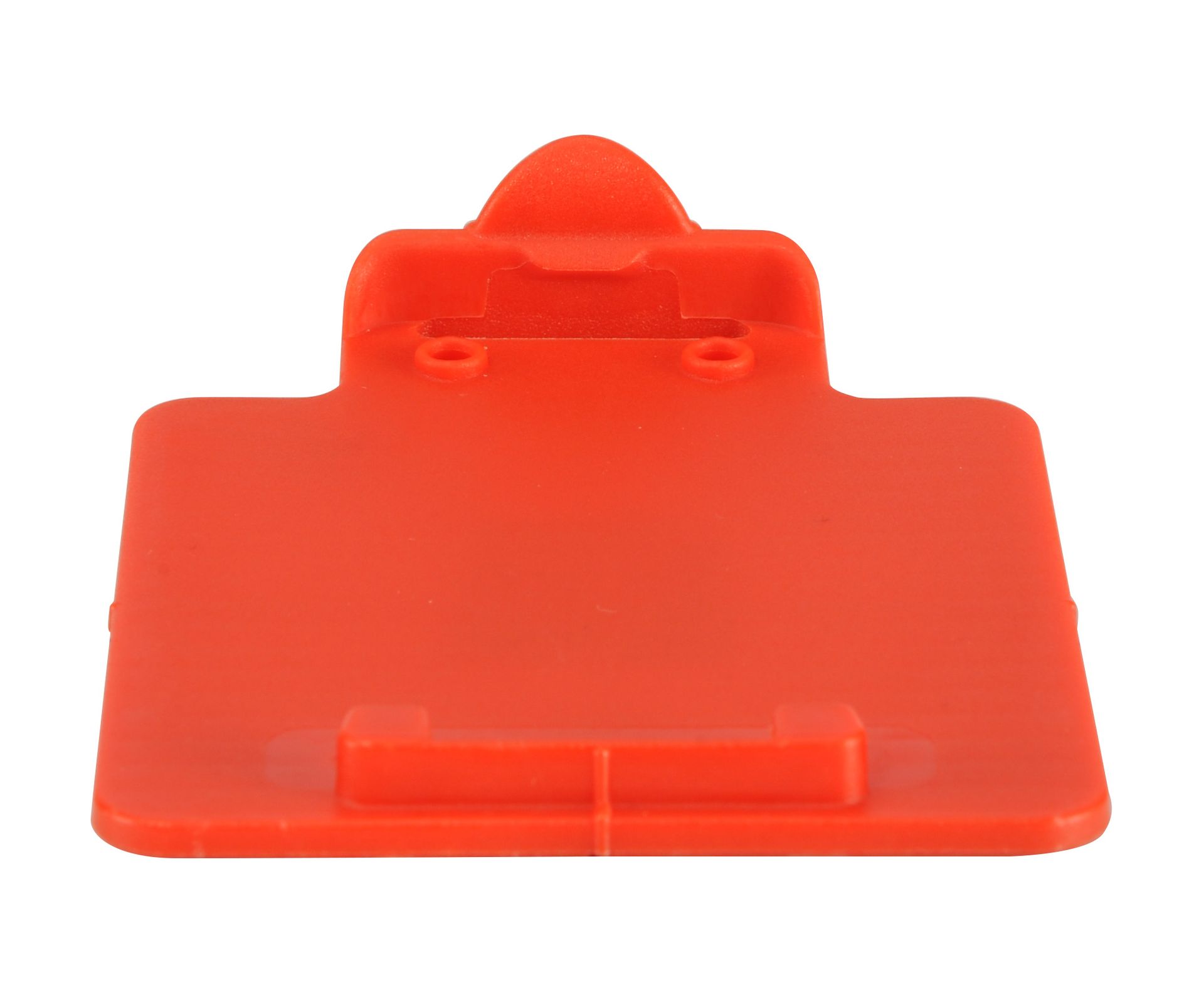 A red plastic clipboard with two holes in it on a white background.