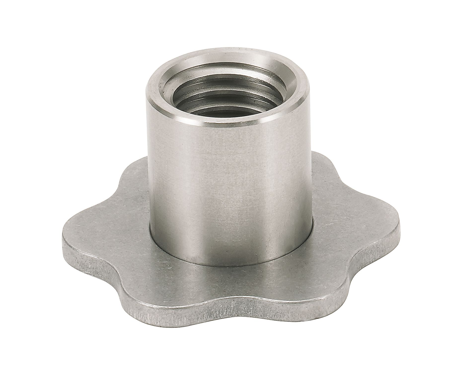 A stainless steel nut with a star shaped base