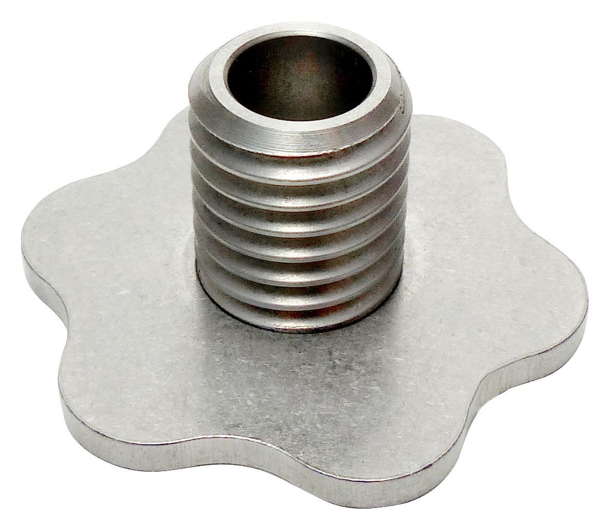 A stainless steel screw with a hole in the middle