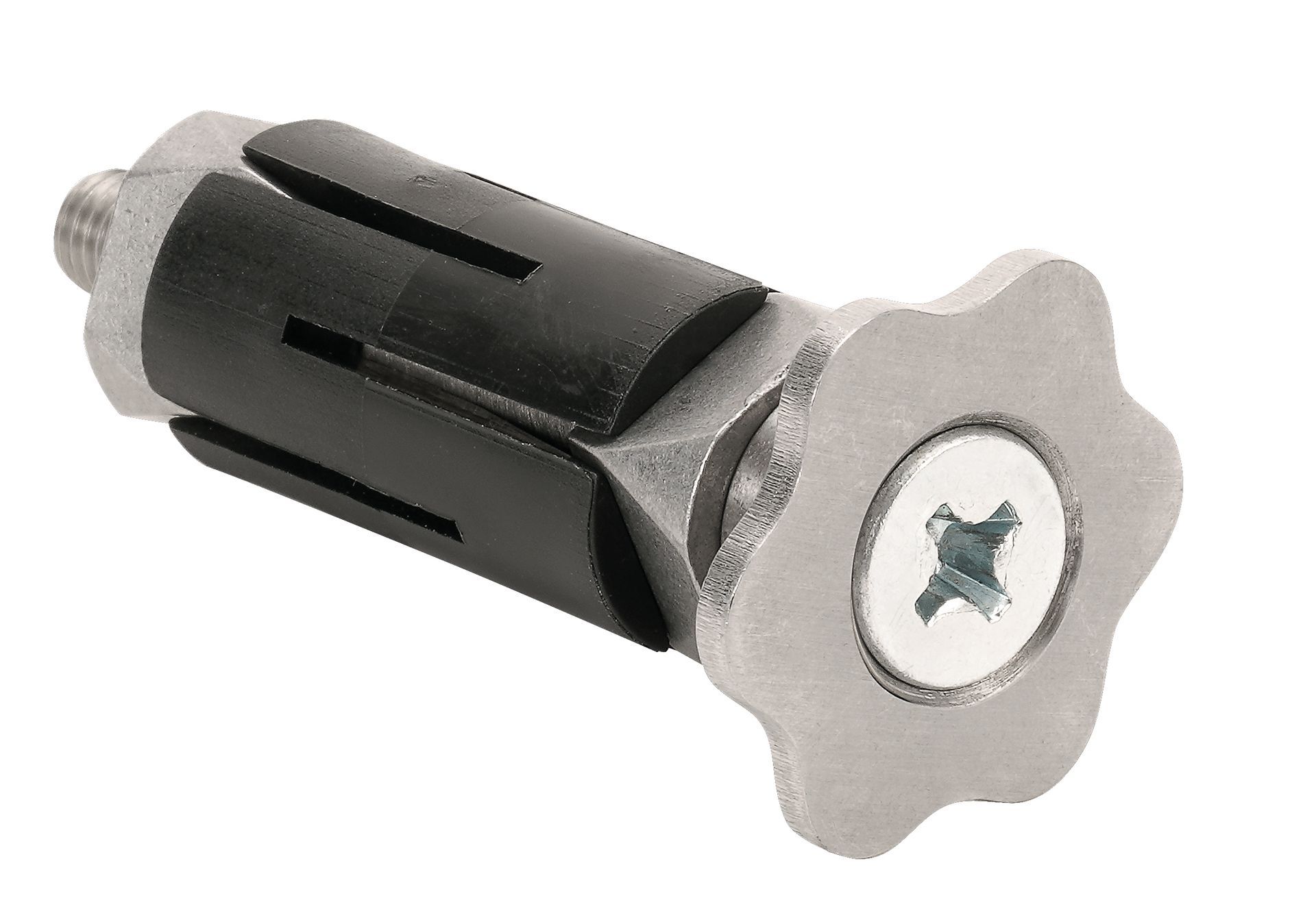 A close up of a metal object with a screw in it on a white background.