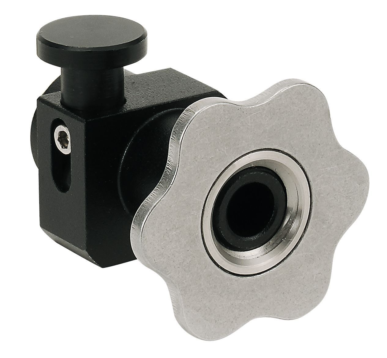 A stainless steel knob with a hole in the middle