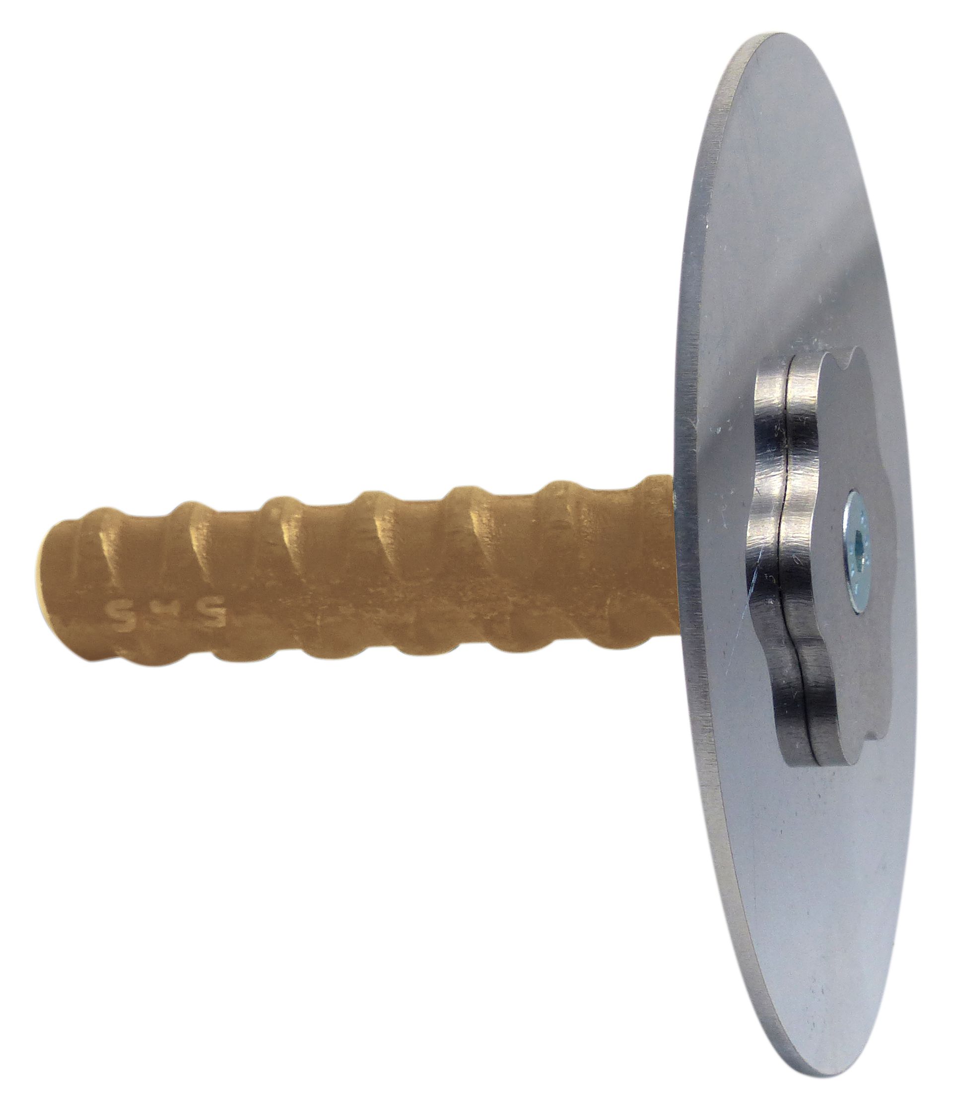 A close up of a screw with a brass handle on a white background