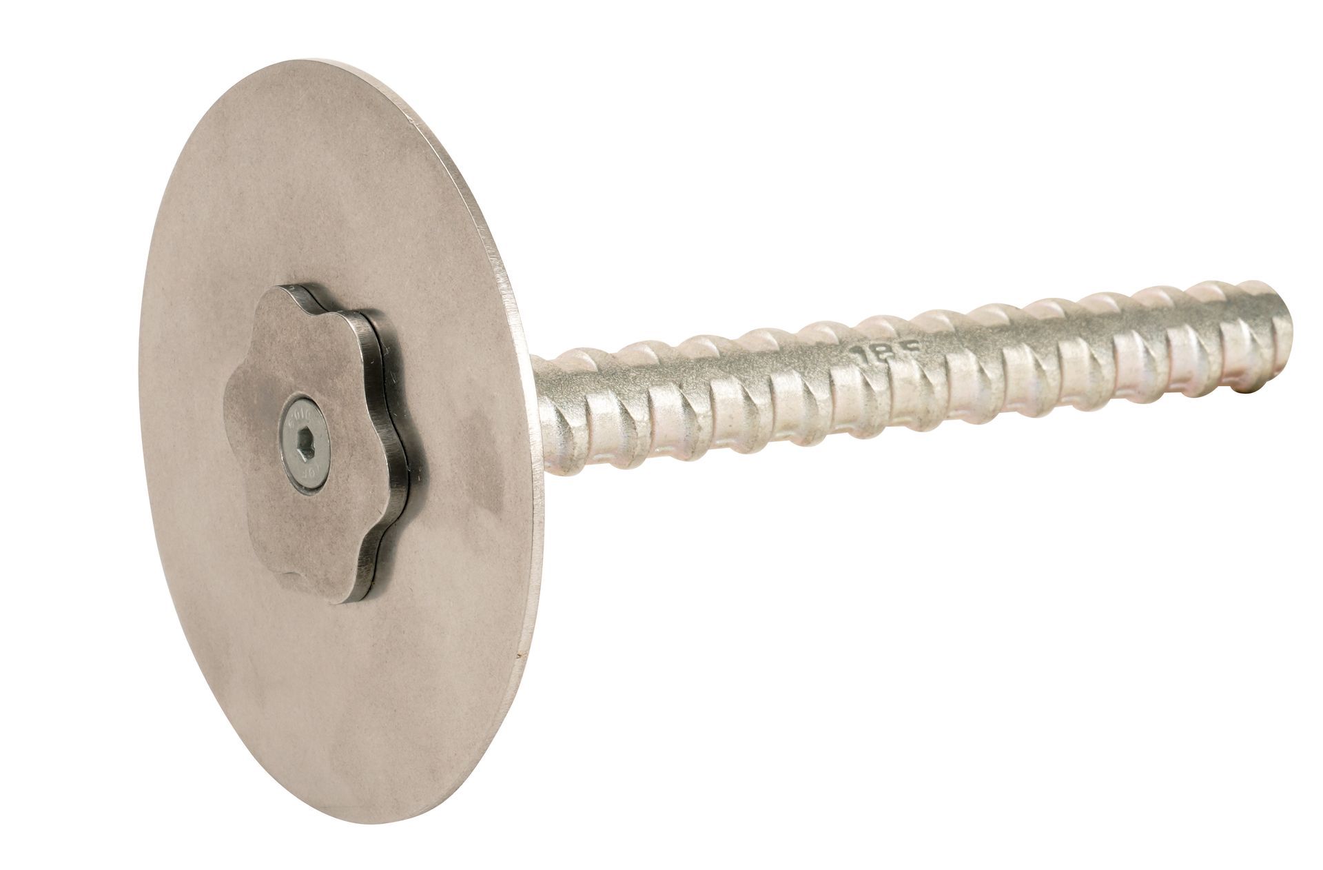 A close up of a screw with a washer on it on a white background.
