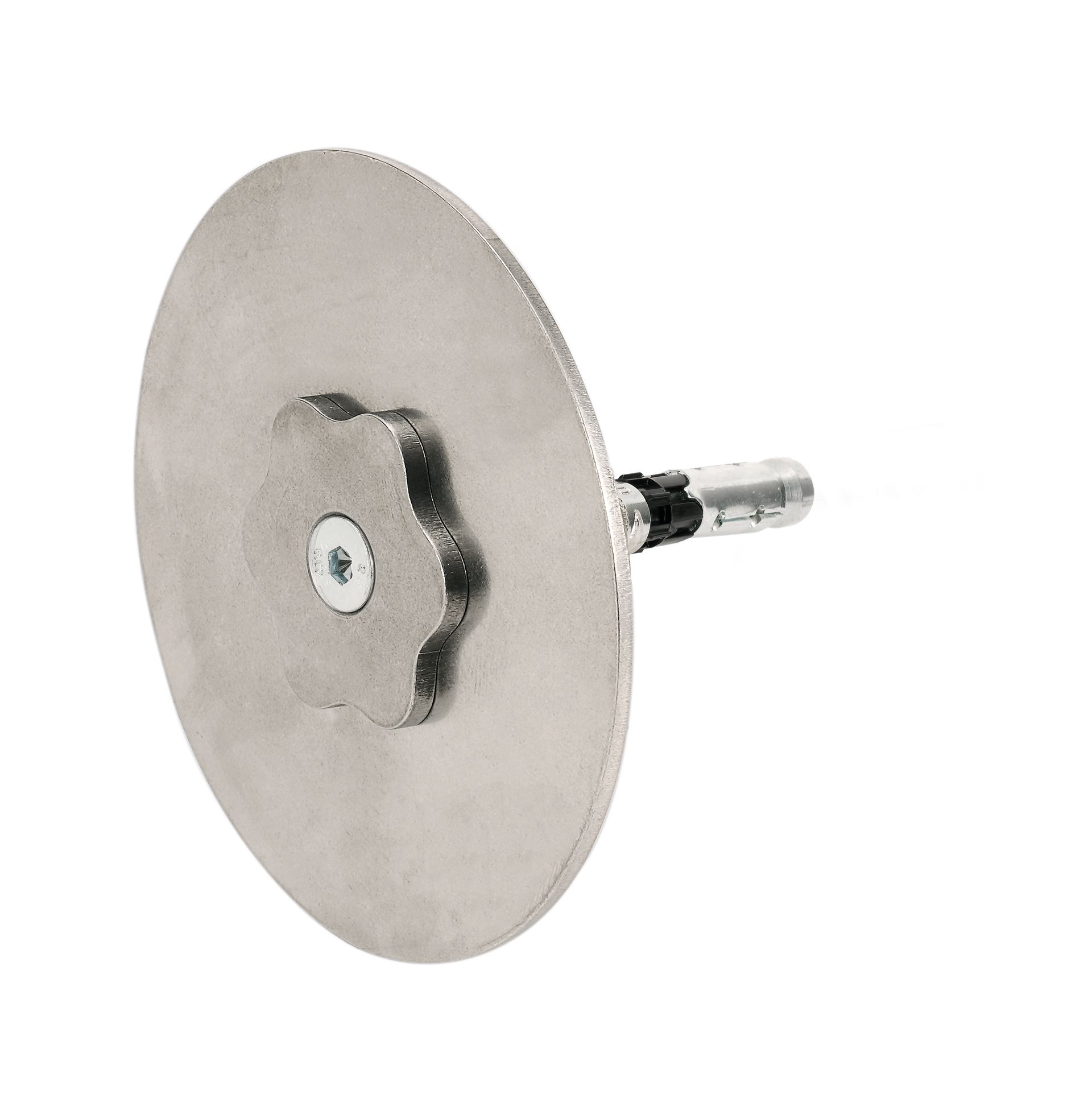A stainless steel disc with a screw on it