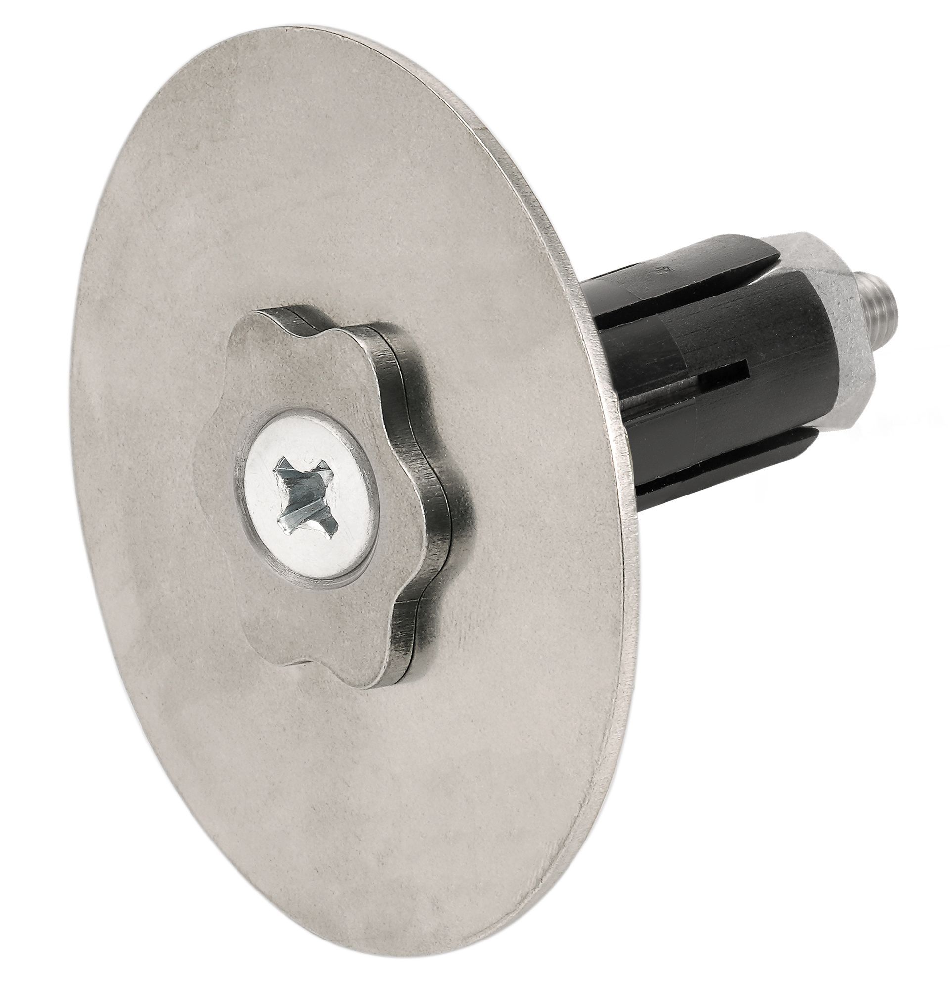A metal disc with a screw on top of it