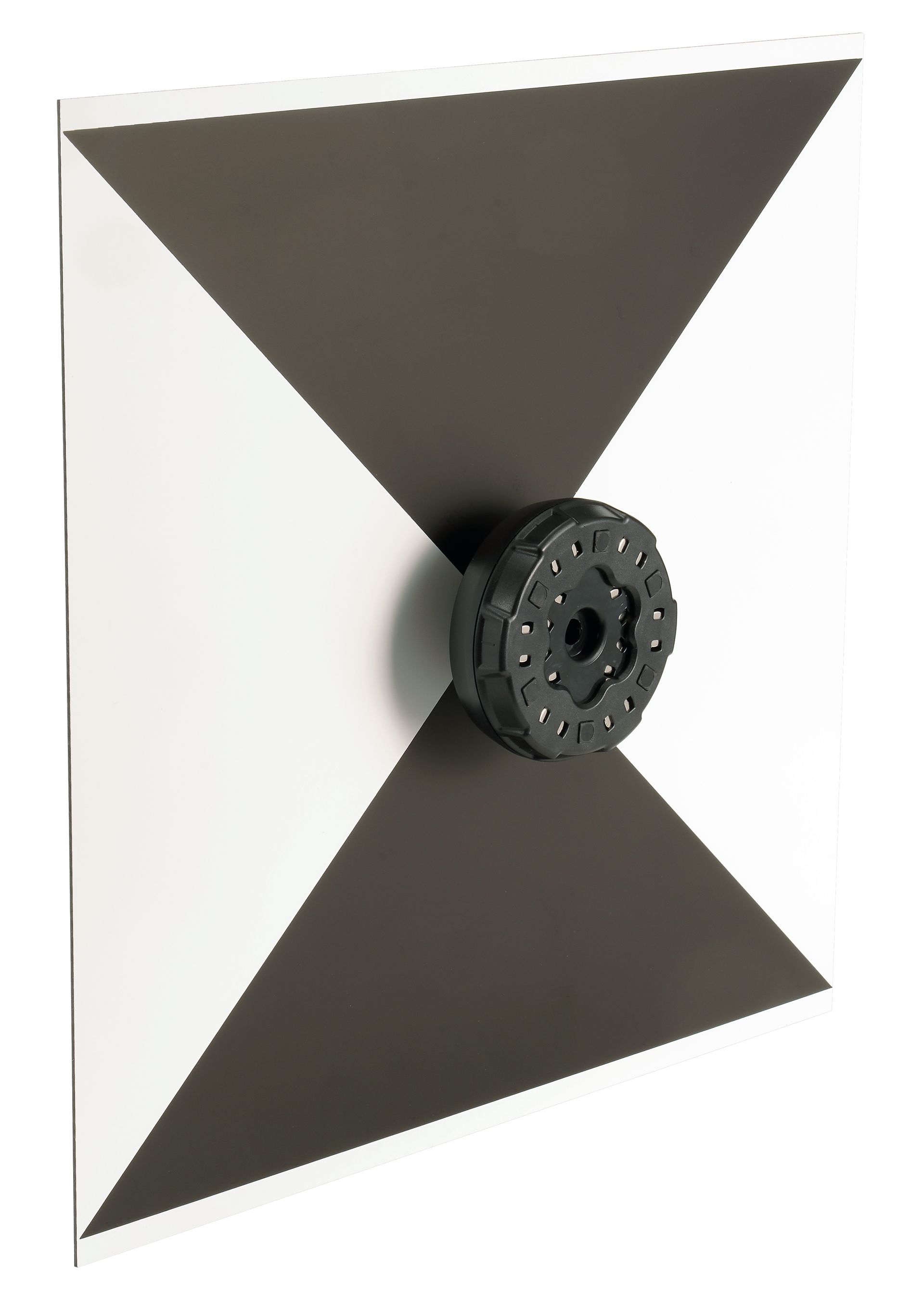 A black and white square with a wheel in the middle.