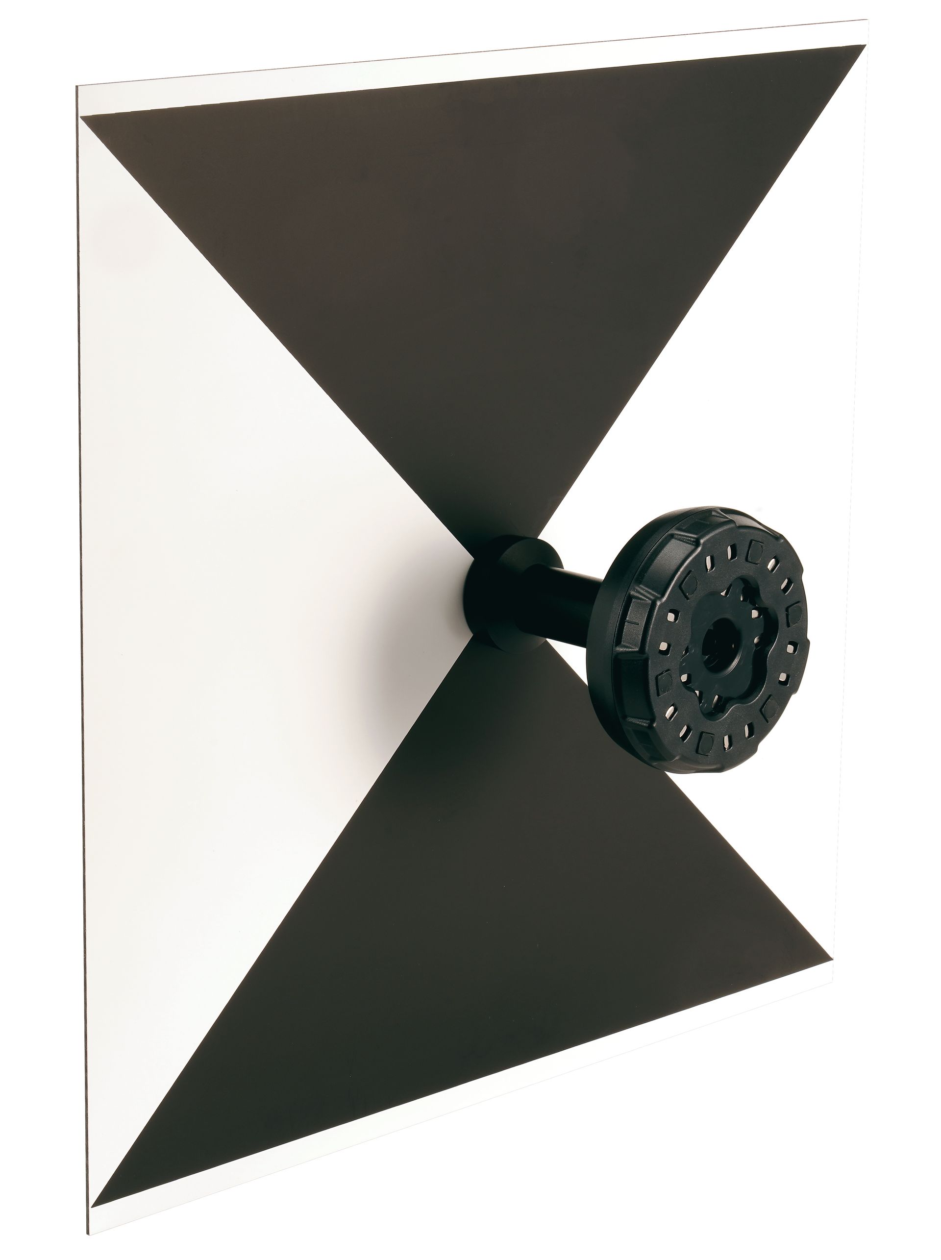A black and white triangle with a black object on it